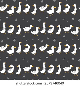 Cute Cartoon Duck Seamless Pattern, Vector Illustration Background.