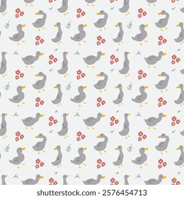 Cute Cartoon Duck Seamless Pattern, Vector Illustration Background.