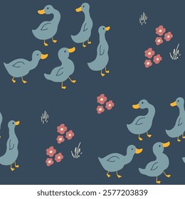 Cute Cartoon Duck Seamless Pattern, Vector Illustration Background.