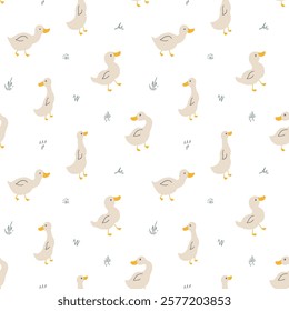 Cute Cartoon Duck Seamless Pattern, Vector Illustration Background.