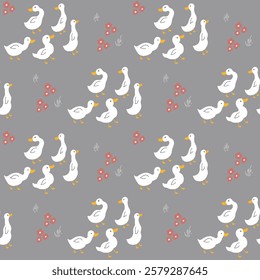 Cute Cartoon Duck Seamless Pattern, Vector Illustration Background.