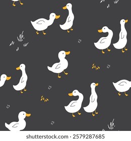 Cute Cartoon Duck Seamless Pattern, Vector Illustration Background.