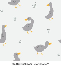 Cute Cartoon Duck Seamless Pattern, Vector Illustration Background.