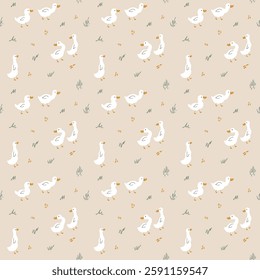 Cute Cartoon Duck Seamless Pattern, Vector Illustration Background.