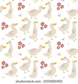 Cute Cartoon Duck Seamless Pattern, Vector Illustration Background.