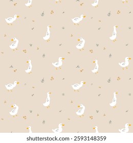 Cute Cartoon Duck Seamless Pattern, Vector Illustration Background.