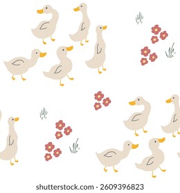 Cute Cartoon Duck Seamless Pattern, Vector Illustration Background.