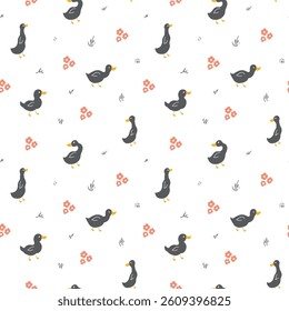 Cute Cartoon Duck Seamless Pattern, Vector Illustration Background.