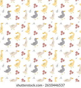 Cute Cartoon Duck Seamless Pattern, Vector Illustration Background.
