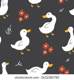 Cute Cartoon Duck Seamless Pattern, Vector Illustration Background.