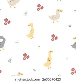 Cute Cartoon Duck Seamless Pattern, Vector Illustration Background.