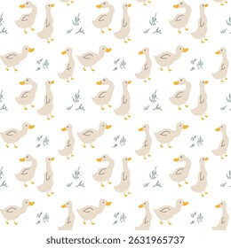 Cute Cartoon Duck Seamless Pattern, Vector Illustration Background.