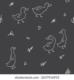 Cute Cartoon Duck Seamless Pattern, Vector Illustration Background.