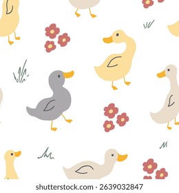 Cute Cartoon Duck Seamless Pattern, Vector Illustration Background.