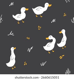 Cute Cartoon Duck Seamless Pattern, Vector Illustration Background.