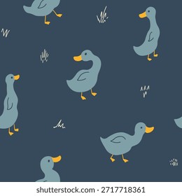 Cute Cartoon Duck Seamless Pattern, Vector Illustration Background.