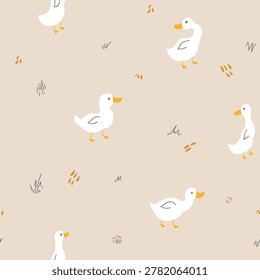 Cute Cartoon Duck Seamless Pattern, Vector Illustration Background.