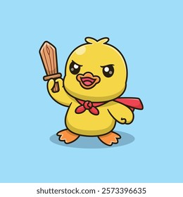 Cute Cartoon Duck Super hero Holding a Sword Vector Icon Illustration. Animal Nature Icon Concept Isolated Premium Vector. Flat Cartoon Style