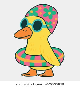 Cute cartoon duck in swim ring and floral cap – playful summer character illustration with sunglasses, ideal for beach-themed designs, kids decor, funny stickers, or holiday greeting cards