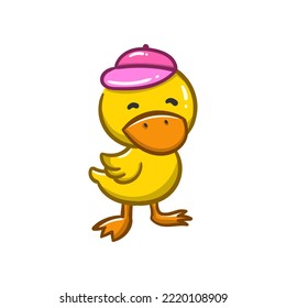 cute cartoon duck use pink hat with smile face good for sticker, t shirt design, etc.
