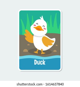 Cute cartoon duck vector illustration with background, simple flat design template.