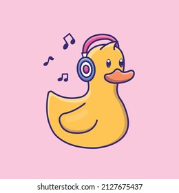 Cute cartoon duck wearing headphones in vector illustration. Animal isolated vector. Flat cartoon style