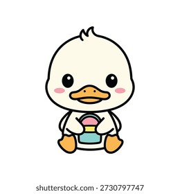 Patinho bonito dos desenhos animados com bochechas coradas segurando um copo colorido