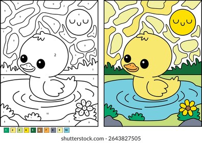 Cute Cartoon Duckling Color by Number Página de atividades: Contorno e ilustração colorida de Duckling in Pond com sol e flores, Arte Vetorial Educacional para crianças