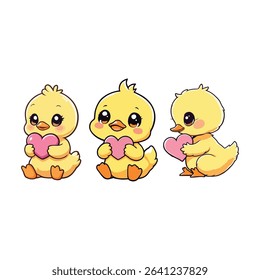 Cute cartoon ducklings with hearts vector illustration for valentine's day and baby shower design
