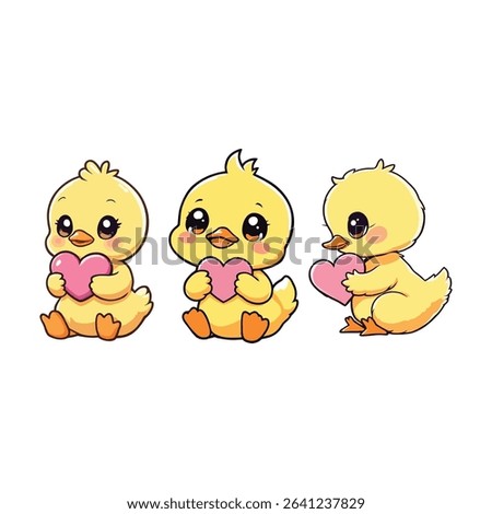 Cute cartoon ducklings with hearts vector illustration for valentine's day and baby shower design
