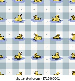 Cute cartoon ducklings on pond seamless vector pattern. Wildlife animal waterfowl for nature lovers illustration. Fun kids nature bird all over print. Feathered bird background. 