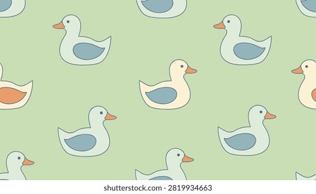 Cute cartoon ducks swimming on a soft green background in a seamless pattern design, perfect for children fabrics.