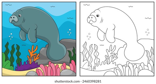 cute cartoon dugong, funny illustration, coloring book for kids and children.