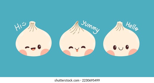 Dibujo vectorial de viñetas de dibujos animados. Terneros japoneses tradicionales con graciosas caras sonrientes. Vector alimentario asiático de Kawaii