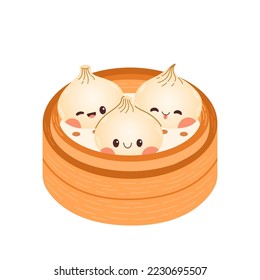 Cute cartoon dumplings vector drawing. Traditional Japanese dumplings with funny smiling faces. Kawaii asian food vector