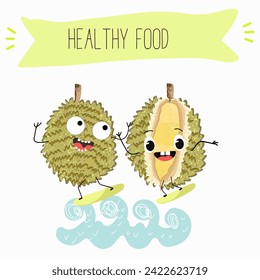 Cute  cartoon durian characters with different activities. Flat vector illustration, funny fruits. Organic food.