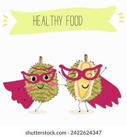 Cute Cartoon durian Charaktere mit verschiedenen Aktivitäten. Flache Vektorgrafik, lustige Früchte. Bio-Lebensmittel.