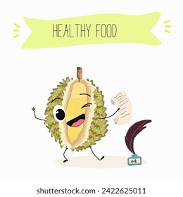 Cute  cartoon durian characters with different activities. Flat vector illustration, funny fruits. Organic food.