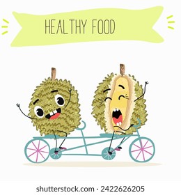 Cute  cartoon durian characters with different activities. Flat vector illustration, funny fruits. Organic food.
