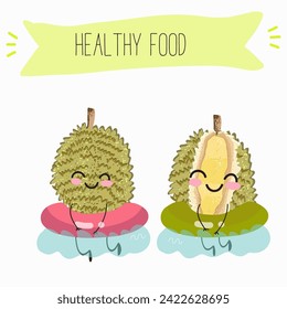 Cute Cartoon durian Charaktere mit verschiedenen Aktivitäten. Flache Vektorgrafik, lustige Früchte. Bio-Lebensmittel.