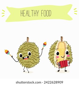 Cute  cartoon durian characters with different activities. Flat vector illustration, funny fruits. Organic food.