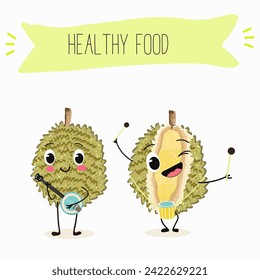 Cute  cartoon durian characters with different activities. Flat vector illustration, funny fruits. Organic food.
