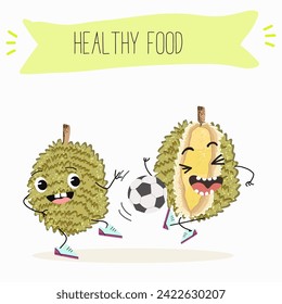 Cute  cartoon durian characters with different activities. Flat vector illustration, funny fruits. Organic food.