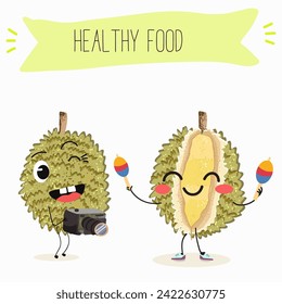 Cute  cartoon durian characters with different activities. Flat vector illustration, funny fruits. Organic food.