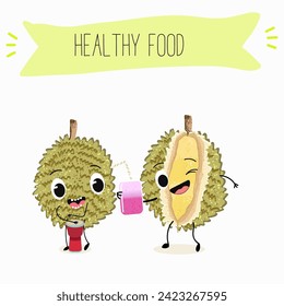Cute  cartoon durian characters with different activities. Flat vector illustration, funny fruits. Organic food.