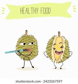 Personajes de dibujos animados con diferentes actividades. Ilustración plana vectorial, frutos divertidos. Comida orgánica.