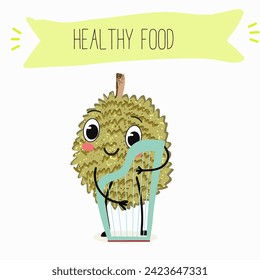 Cute  cartoon durian characters with different activities. Flat vector illustration, funny fruits. Organic food.