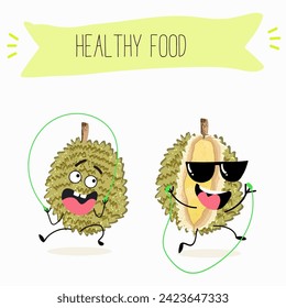 Cute  cartoon durian characters with different activities. Flat vector illustration, funny fruits. Organic food.