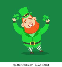 Cute cartoon dwarf Leprechaun with four leaf clovers. Saint Patricks Day colorful character vector