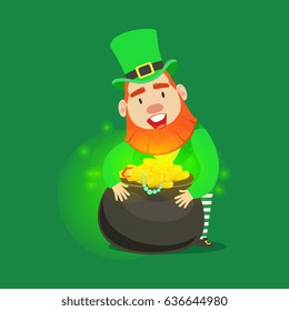 Cute cartoon dwarf Leprechaun with pot of gold. Saint Patricks Day fairy tale colorful character